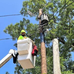 A line worker installs "squirrel guard," an animal-friendly deterrent, on a utility pole.